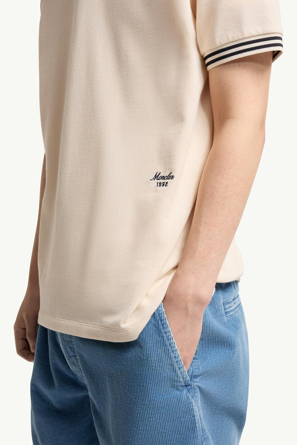 Moncler Striped Trim Cotton Piquet Polo Shirt White Ivory White Ivory
