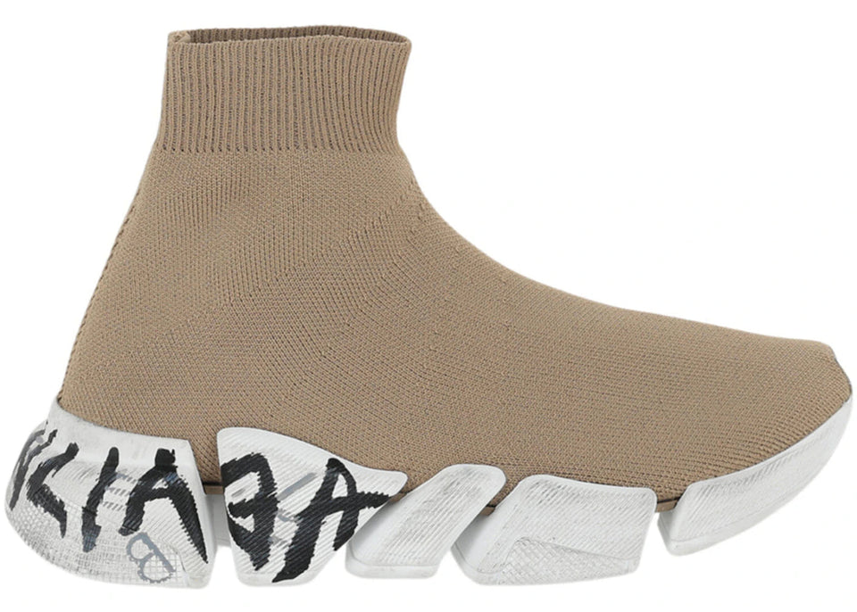 Balenciaga Speed 2.0 Graffiti Knit Dark Beige White Black Womens