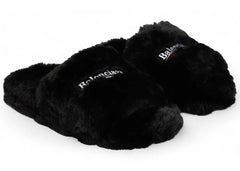 Balenciaga Furry Slide Shiny Fake Fur Political Emb Black