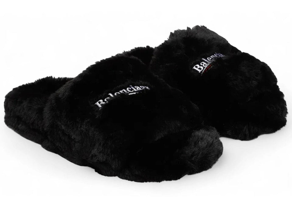 Balenciaga Furry Slide Shiny Fake Fur Political Emb Black