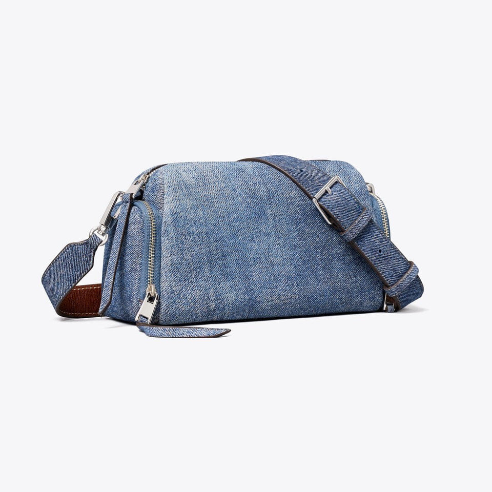 Tory Burch Perry Denim-Print Suede Voyager Crossbody Bag Blue Jean
