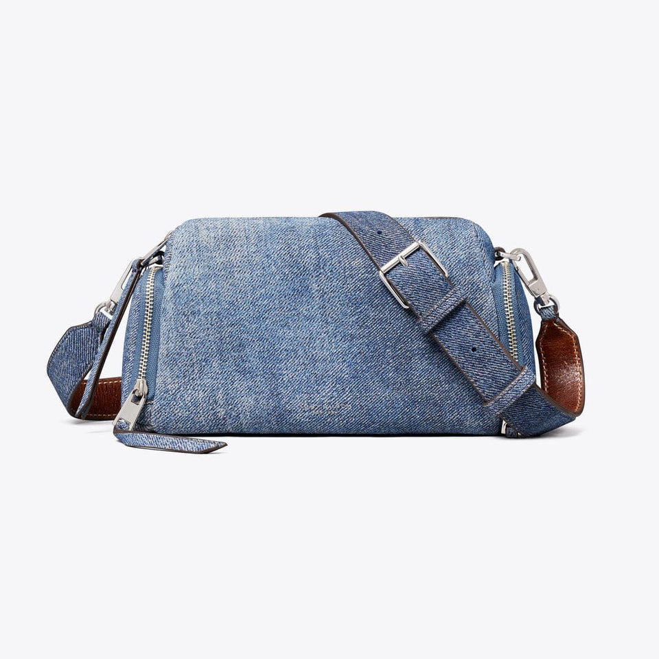 Tory Burch Perry Denim-Print Suede Voyager Crossbody Bag Blue Jean