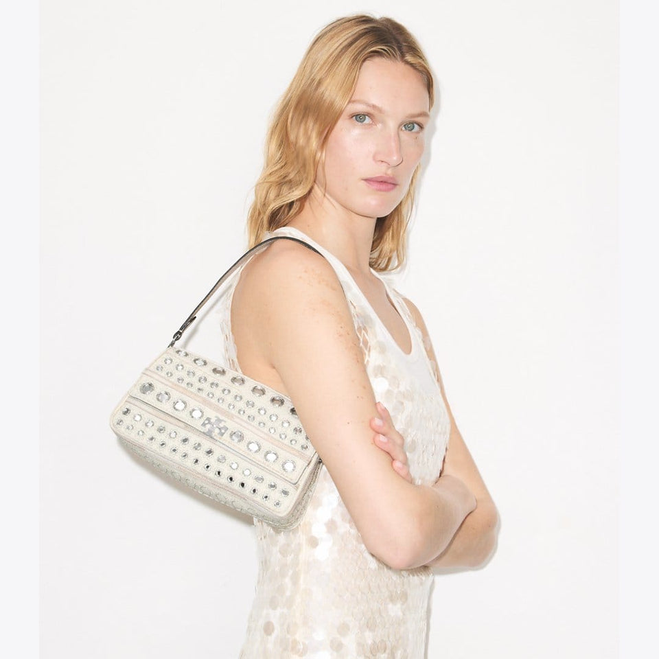 Tory Burch Small Charlie Embellished Shoulder Bag New Ivory