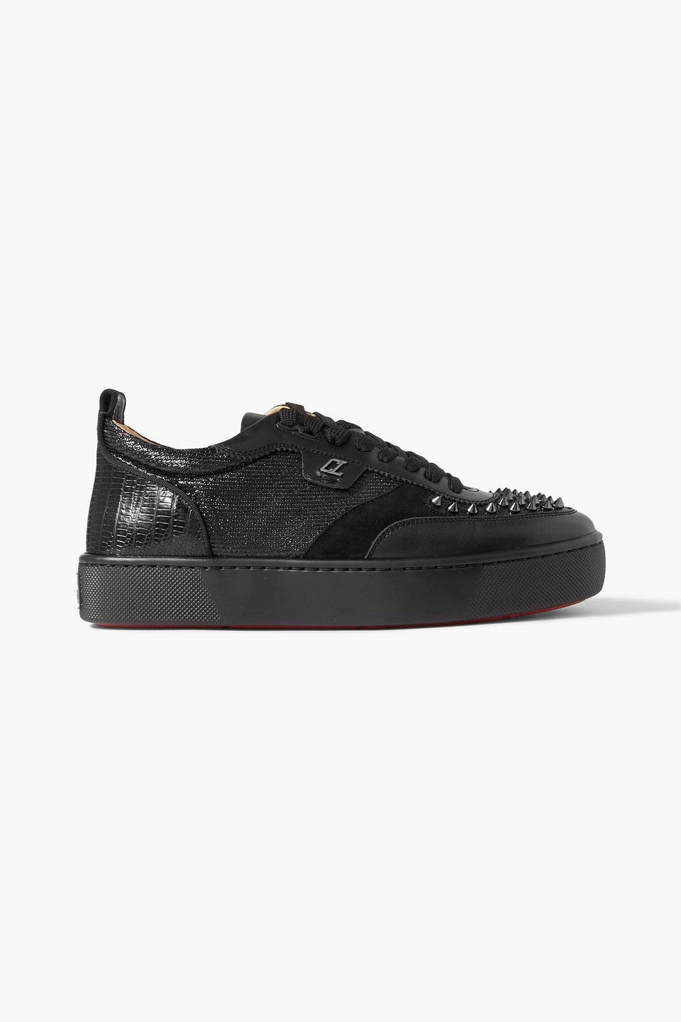 Christian Louboutin Happrui Spikes Suede And Leather-Trimmed Mesh Sneakers Black