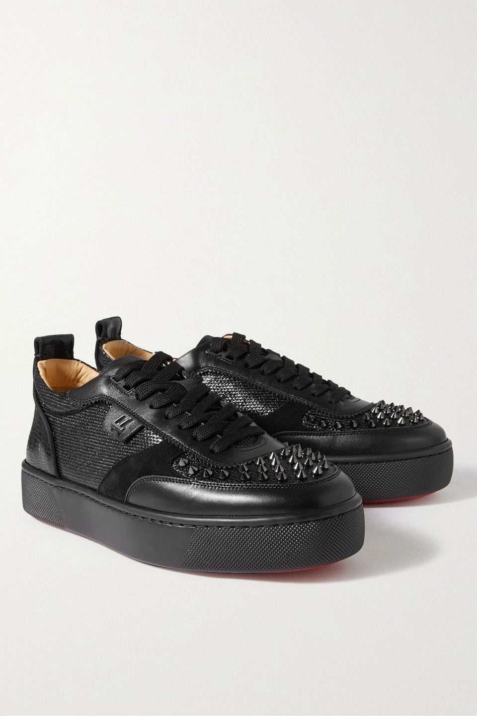 Christian Louboutin Happrui Spikes Suede And Leather-Trimmed Mesh Sneakers Black
