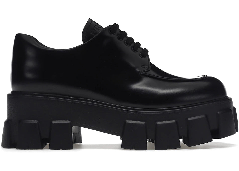 Prada Monolith 55Mm Lace Up Loafer Black Brushed Leather