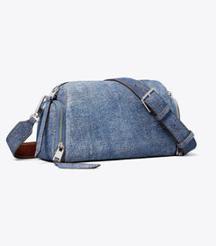 Perry Denim-Print Suede Voyager Crossbody Bag
