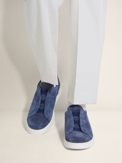 Zegna Utility Blue Suede Triple Stitch Sneakers
