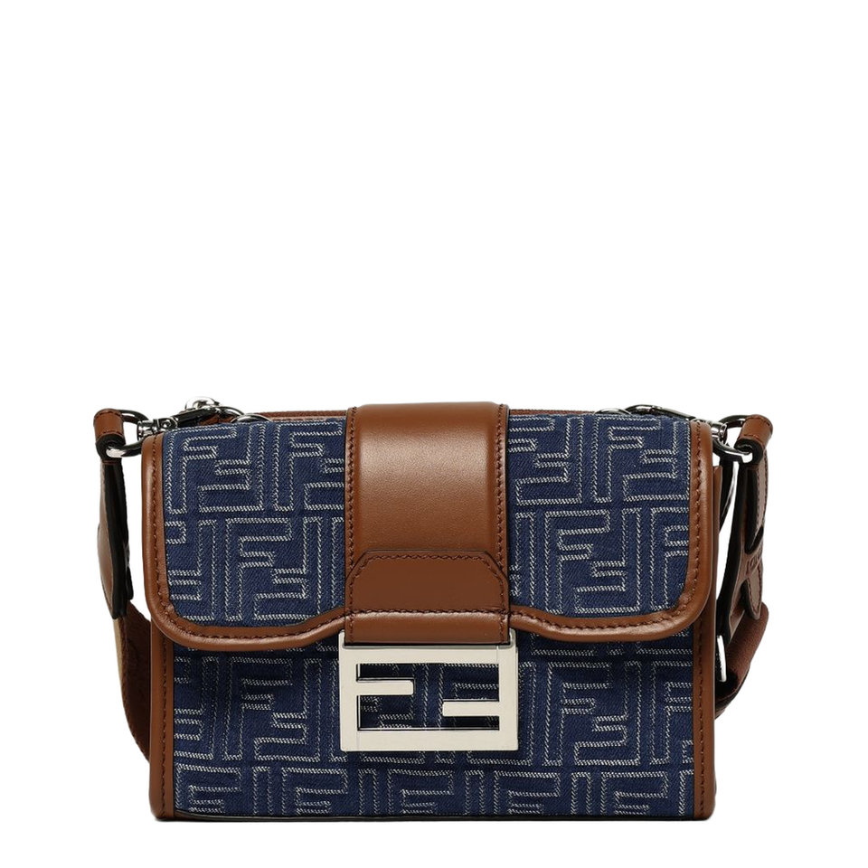 Fendi Double Baguette Denim - Effect FF Jacquard Crossbody - Blue