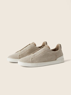 Zegna Light Beige Cotton Linen And Leather Triple Stitch Sneakers