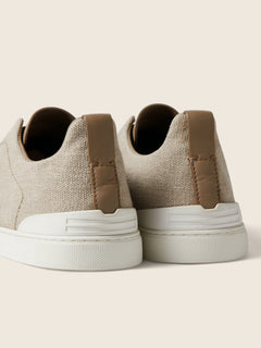 Zegna Light Beige Cotton Linen And Leather Triple Stitch Sneakers