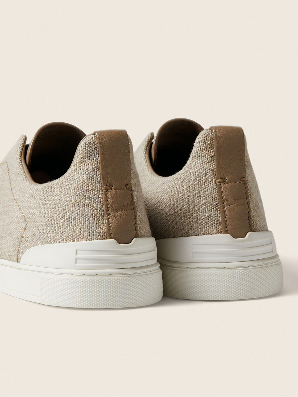 Zegna Light Beige Cotton Linen And Leather Triple Stitch Sneakers