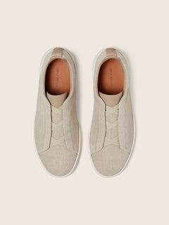 Zegna Light Beige Cotton Linen And Leather Triple Stitch Sneakers