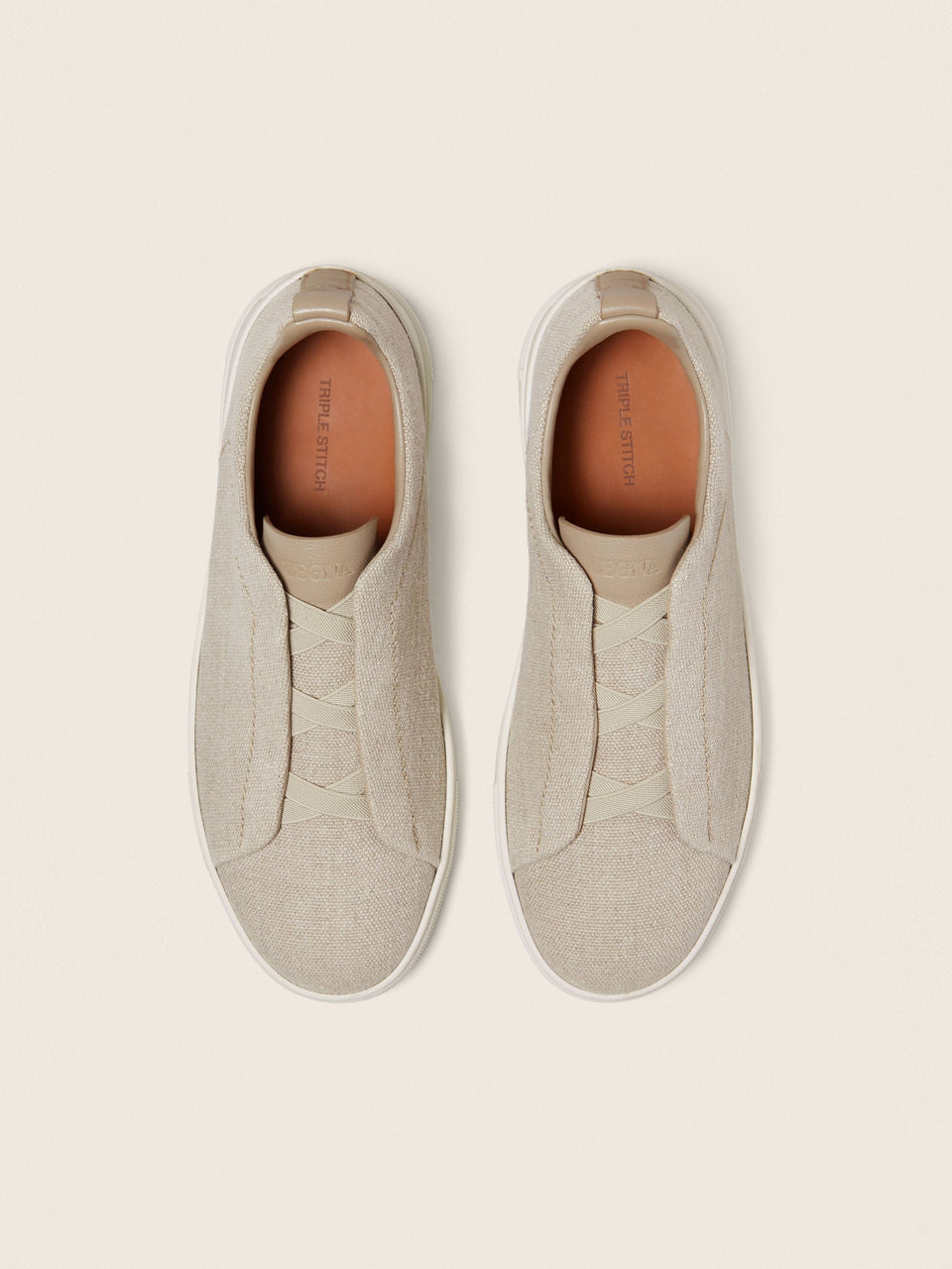 Zegna Light Beige Cotton Linen And Leather Triple Stitch Sneakers