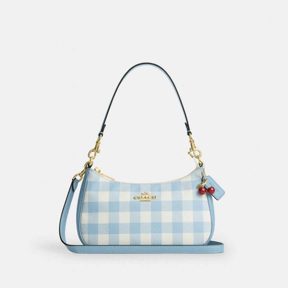 Coach Teri Shoulder Bag With Gingham Print And Charm Gold Blue Multi