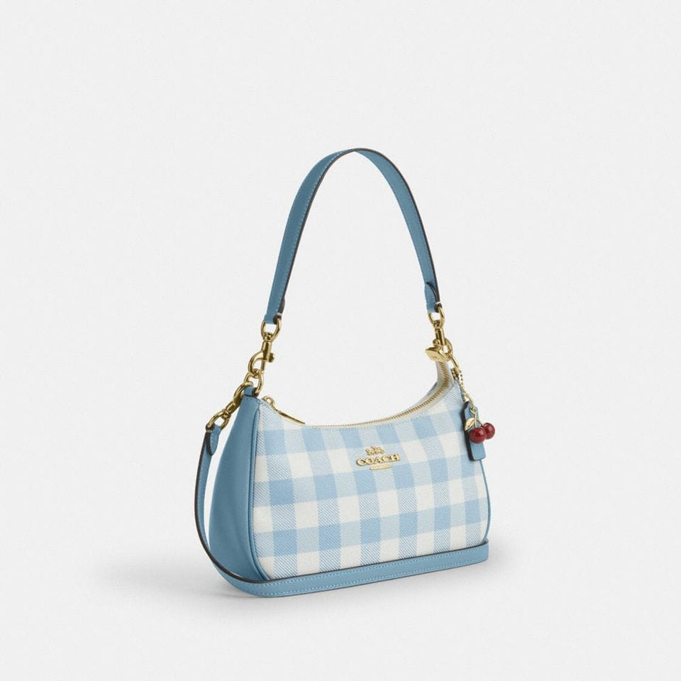 Coach Teri Shoulder Bag With Gingham Print And Charm Gold Blue Multi