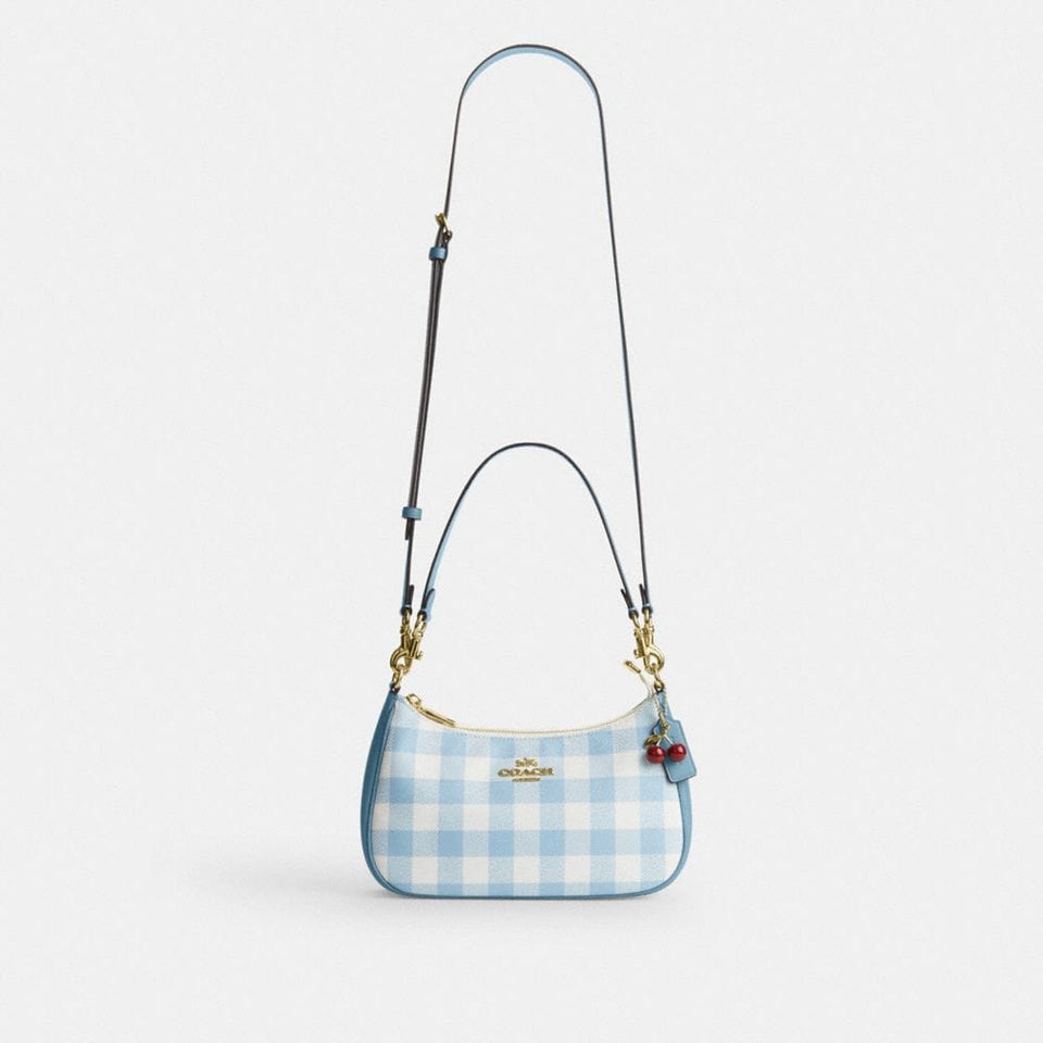 Coach Teri Shoulder Bag With Gingham Print And Charm Gold Blue Multi