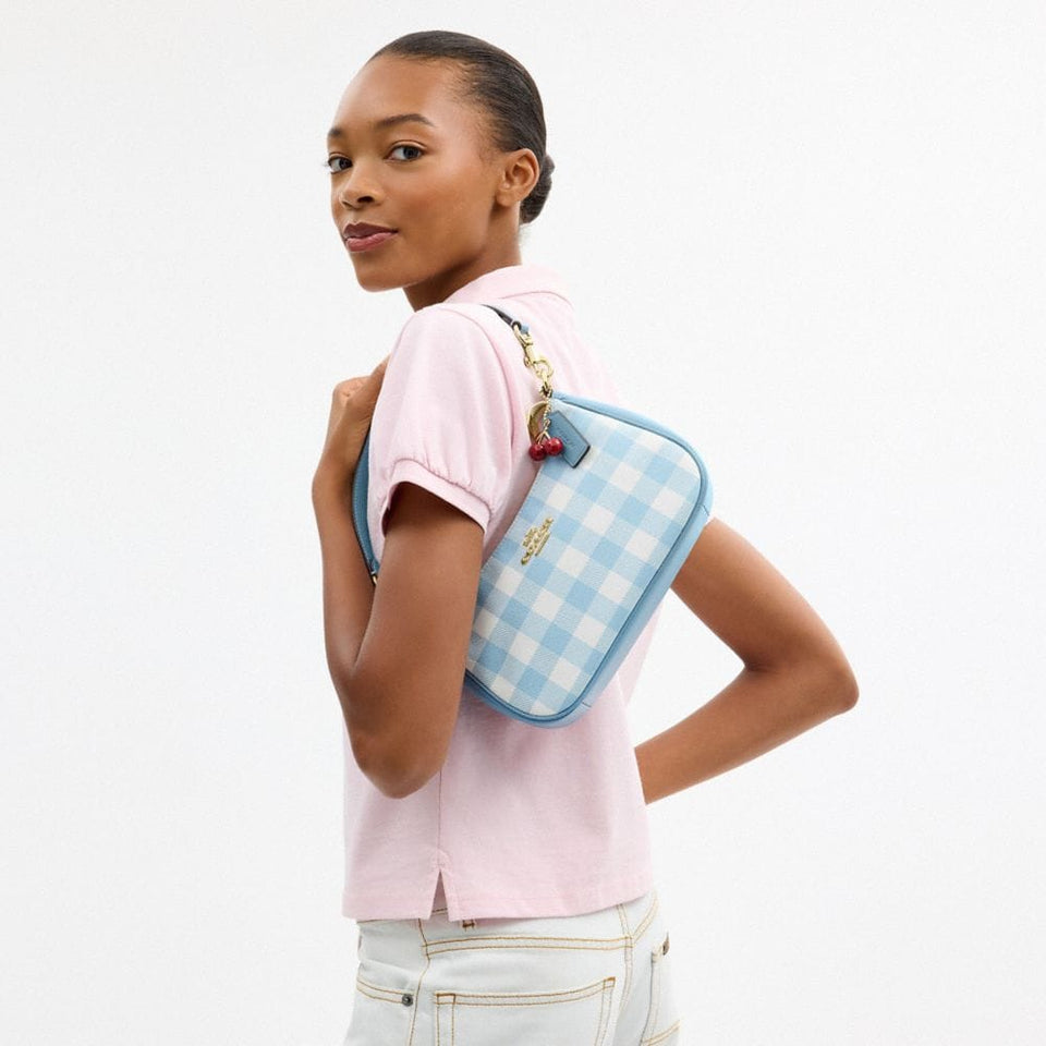 Coach Teri Shoulder Bag With Gingham Print And Charm Gold Blue Multi