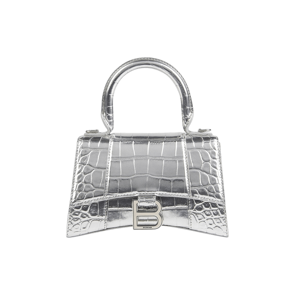 Balenciaga Crocodile Embossed XS Hourglass Handbag In Silver