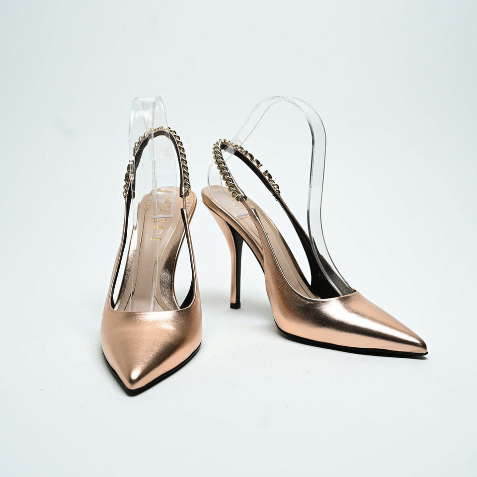 Gucci Rose Gold Metallic Calf Leather Signoria Slingback Heels