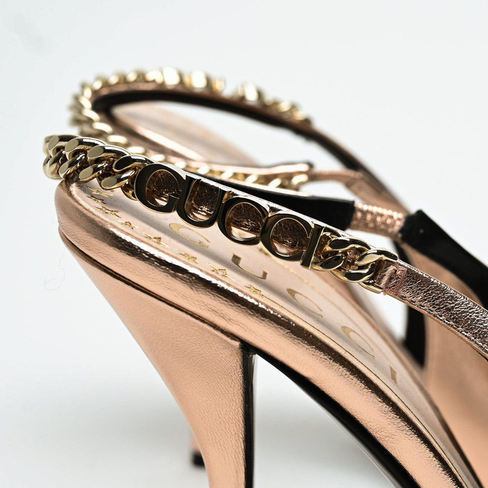 Gucci Rose Gold Metallic Calf Leather Signoria Slingback Heels