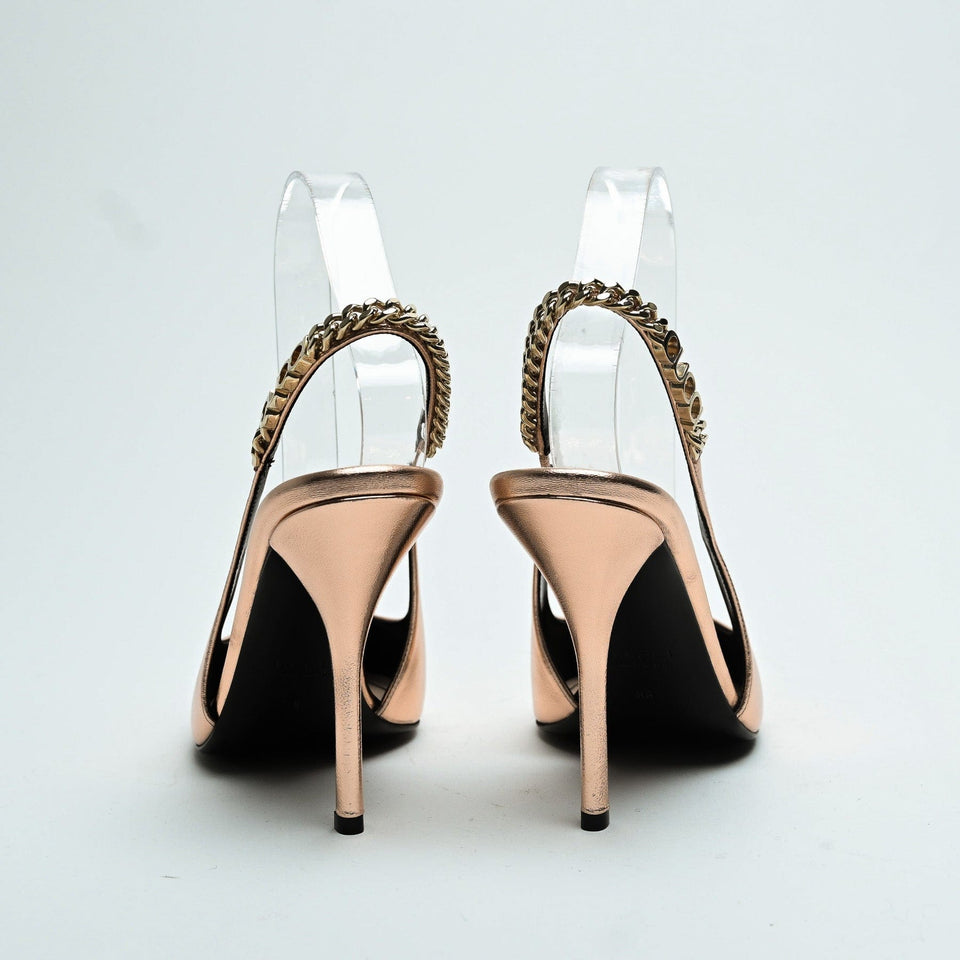 Gucci Rose Gold Metallic Calf Leather Signoria Slingback Heels
