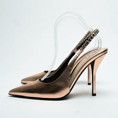 Gucci Rose Gold Metallic Calf Leather Signoria Slingback Heels