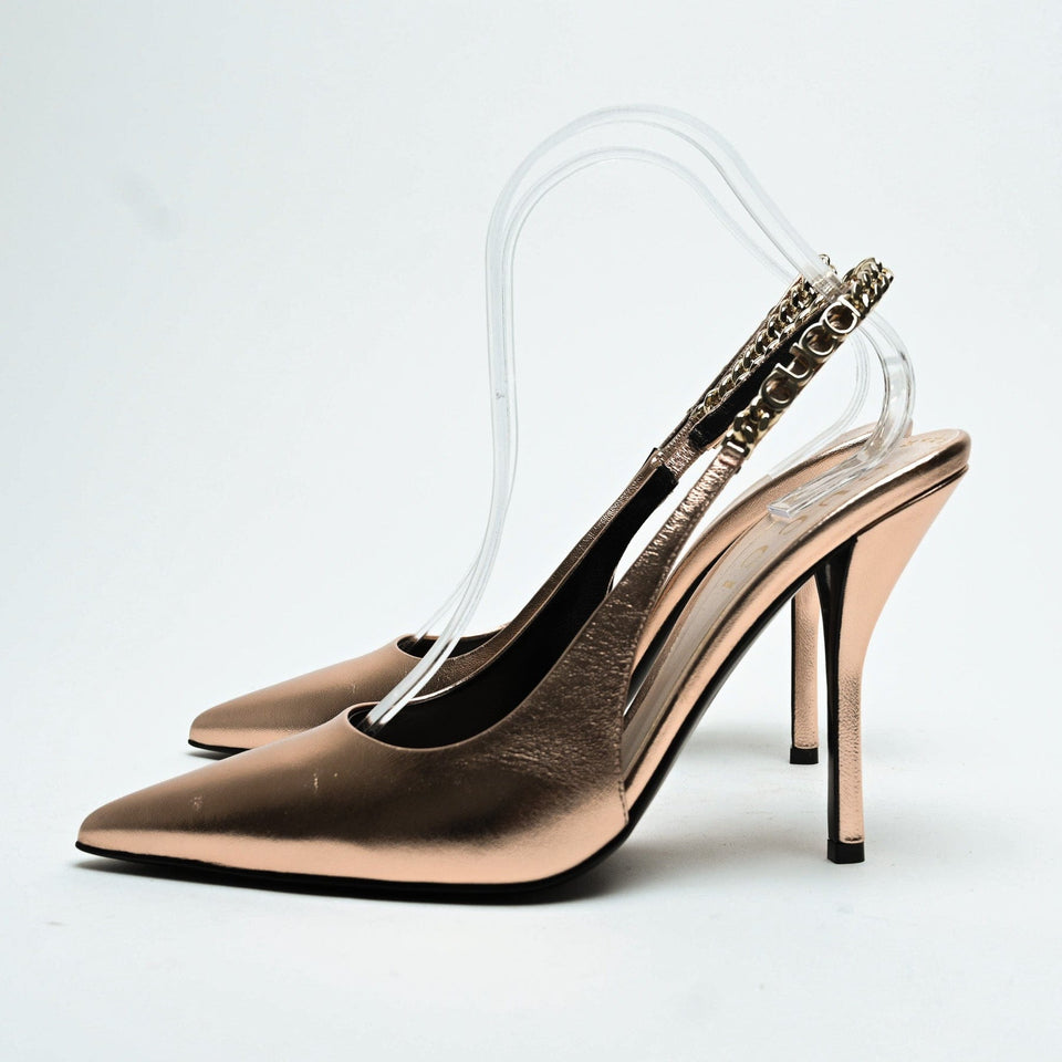 Gucci Rose Gold Metallic Calf Leather Signoria Slingback Heels