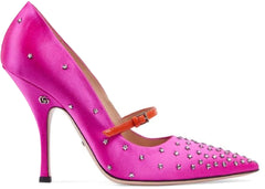 Gucci Jodie Embellished Satin Pumps Fuchsia Womens
