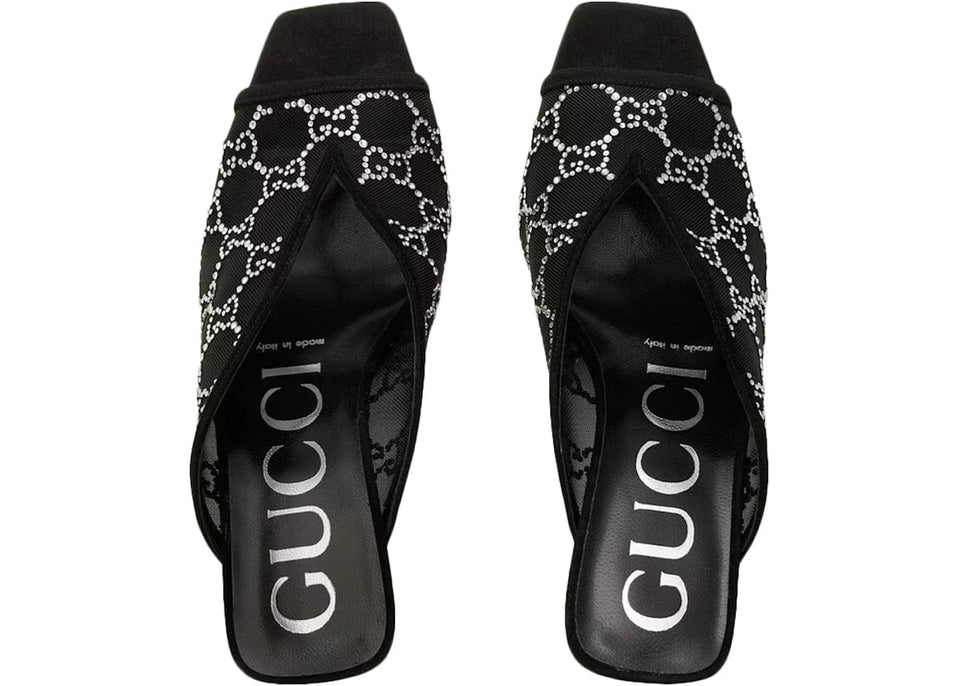 Gucci Gg Crystal 75Mm Heeled Sandal Black Mesh