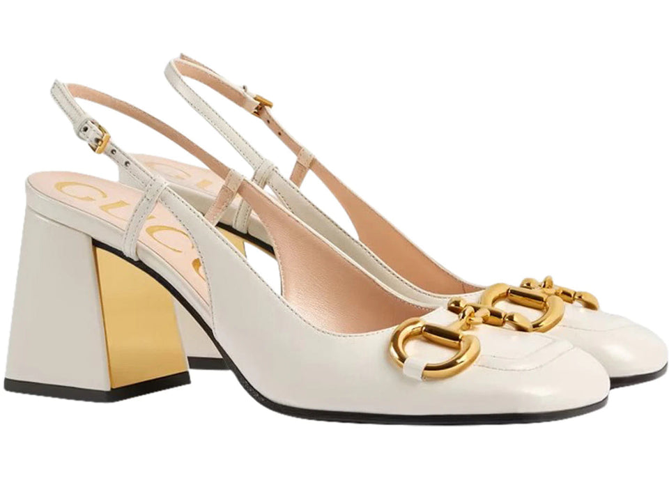 Gucci Horsebit 75Mm Heeled Slingback White Leather