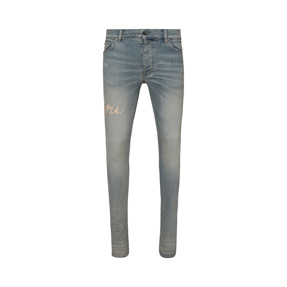 Amiri Script Logo Skinny Jean Antique Indigo