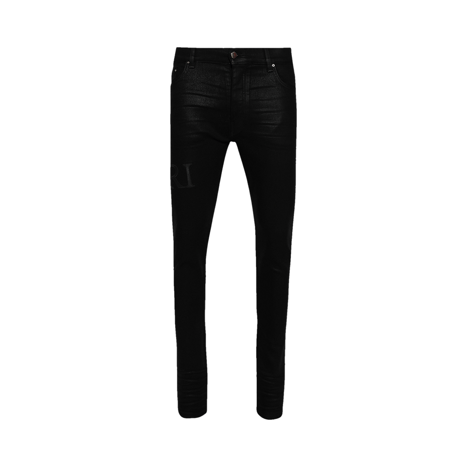Amiri Serif Logo Wax Skinny Jean Black