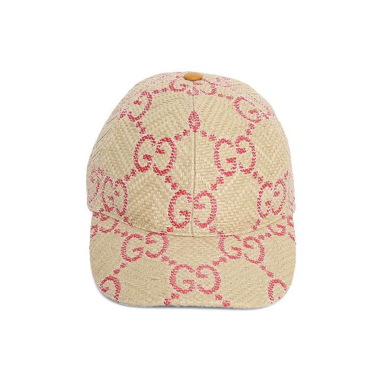 Gucci GG Raffia Effect Baseball Hat Beige/Red