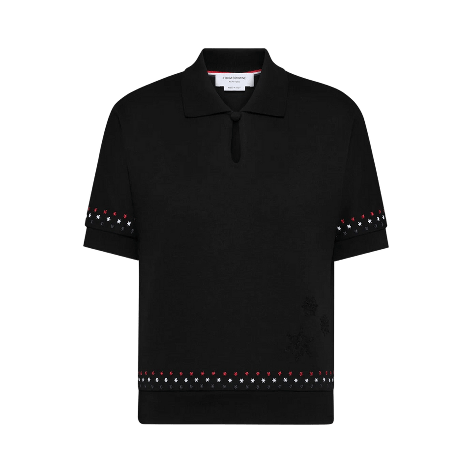 Thom Browne Stars & Snowflake Embroidery Polo Shirt Black