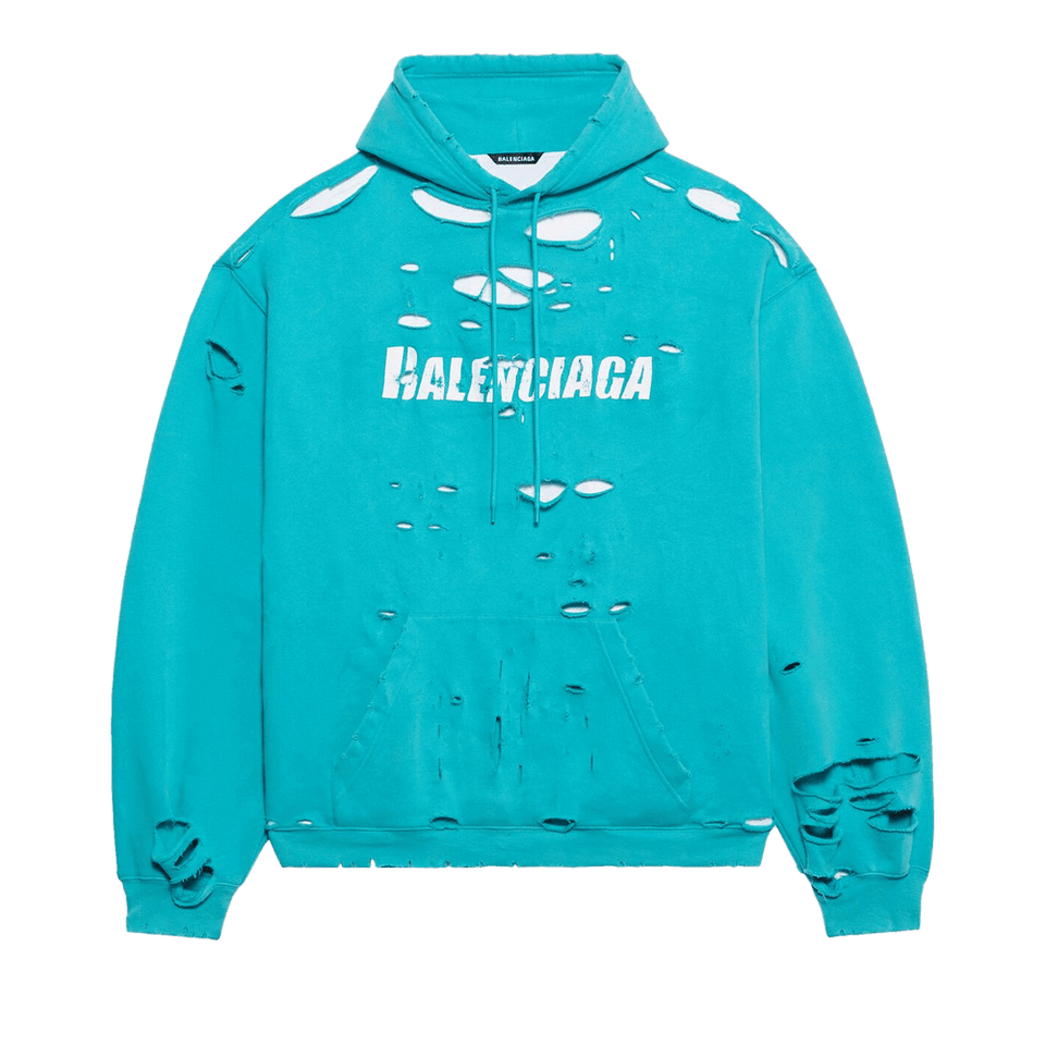 Balenciaga Destroyed Hoodie Turquoise/White