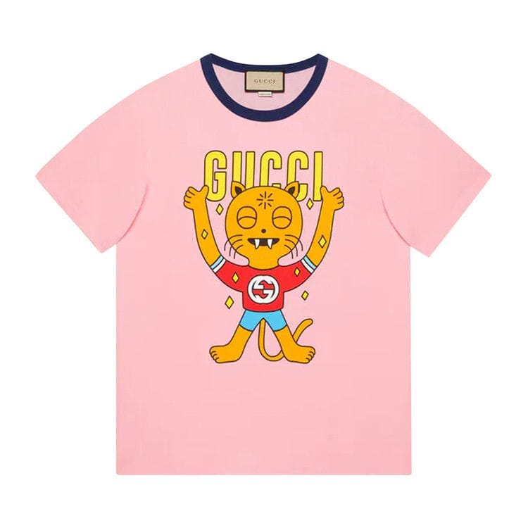Gucci Cat Print Cotton T-Shirt Pink