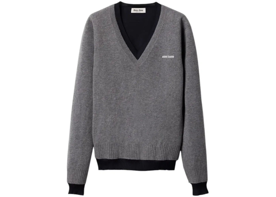 Miu Miu Silk Cashmere V-Neck Sweater Grigio Blu