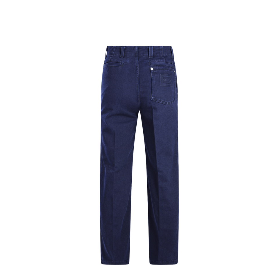 Washed Denim Pant with Embossed Label in Dark Blue