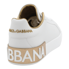 White Calfskin Low-Top Sneakers with Gold Details