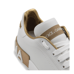 White Calfskin Low-Top Sneakers with Gold Details