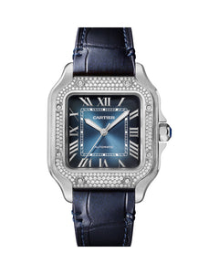 CARTIER SANTOS DE CARTIER, MEDIUM , AUTOMATIC , STEEL , DIAMONDS , INTERCHANGEABLE METAL , LEATHER BRACELETS
