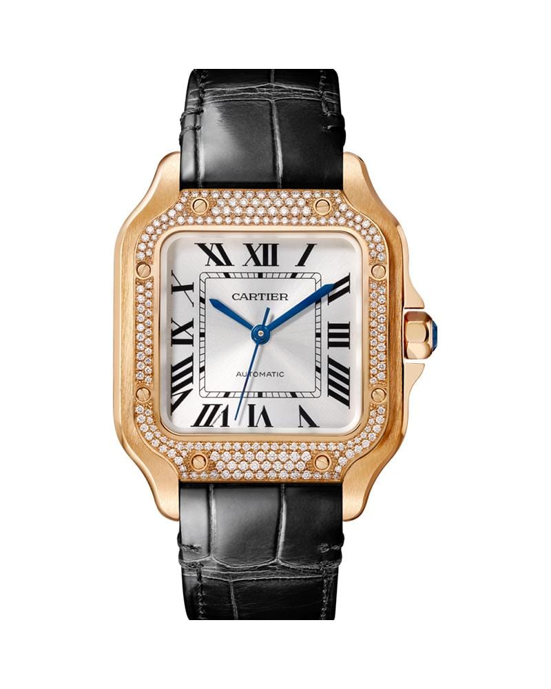CARTIER SANTOS DE CARTIER, MEDIUM, AUTOMATIC, ROSE GOLD, DIAMONDS, TWO INTERCHANGEABLE LEATHER BRACELETS