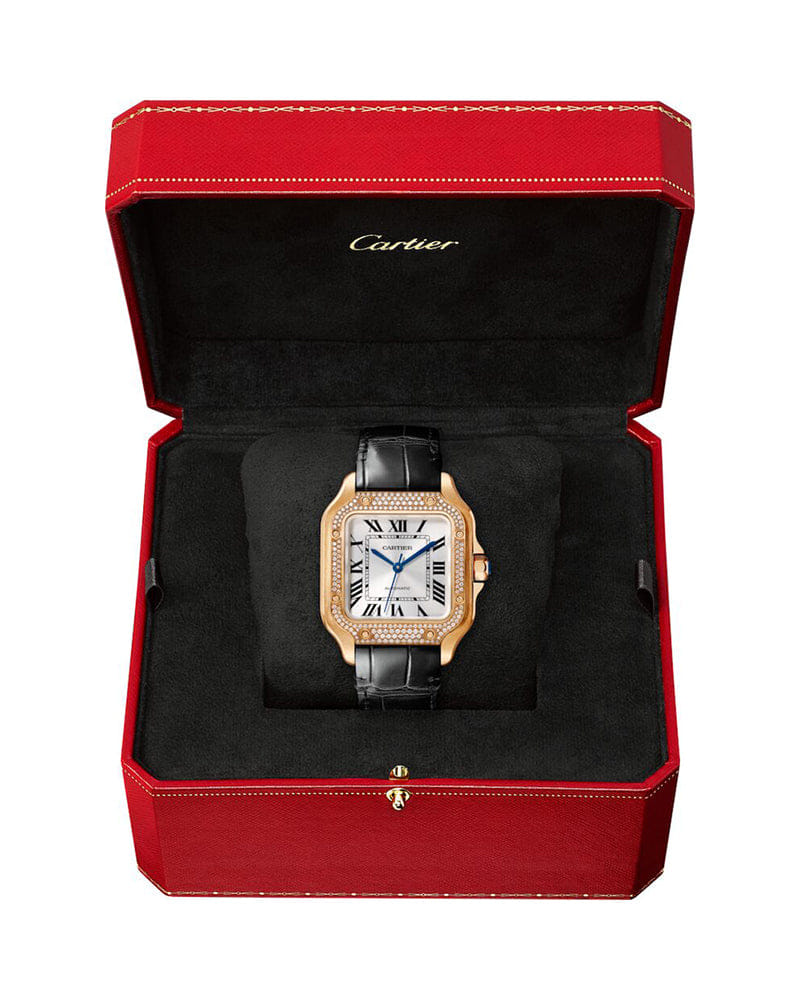 CARTIER SANTOS DE CARTIER, MEDIUM, AUTOMATIC, ROSE GOLD, DIAMONDS, TWO INTERCHANGEABLE LEATHER BRACELETS