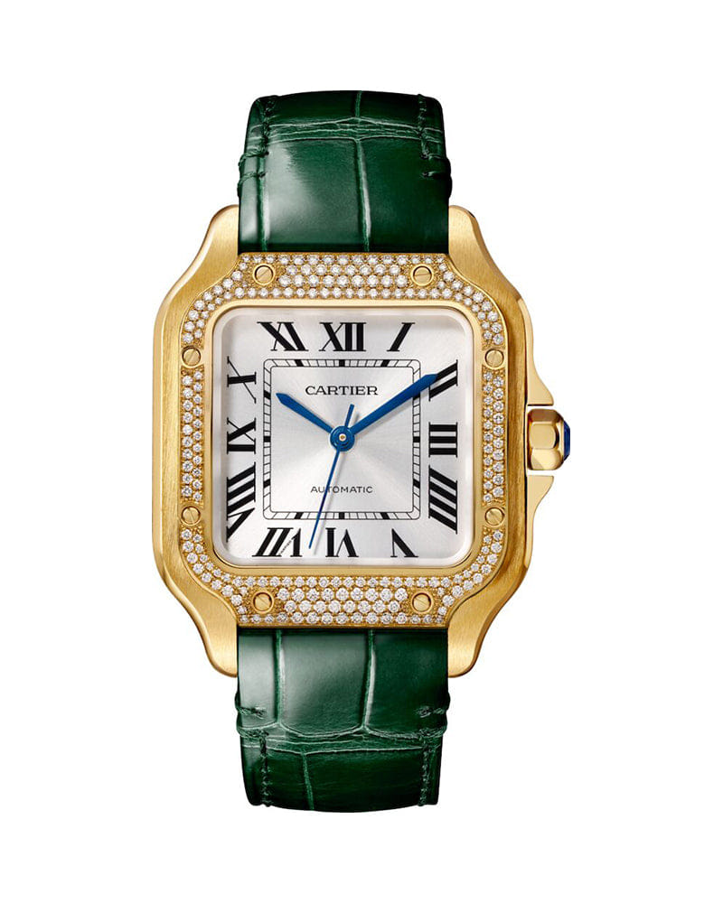 CARTIER SANTOS DE CARTIER, MEDIUM, AUTOMATIC, YELLOW GOLD, DIAMONDS, TWO INTERCHANGEABLE LEATHER BRACELETS
