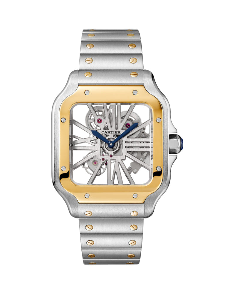 CARTIER SANTOS DE CARTIER, SKELETON, LARGE, MANUAL, YELLOW GOLD AND STEEL, LEATHER, INTERCHANGEABLE METAL AND LEATHER BRACELETS