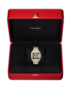 CARTIER SANTOS DE CARTIER, SKELETON, LARGE, MANUAL, YELLOW GOLD AND STEEL, LEATHER, INTERCHANGEABLE METAL AND LEATHER BRACELETS