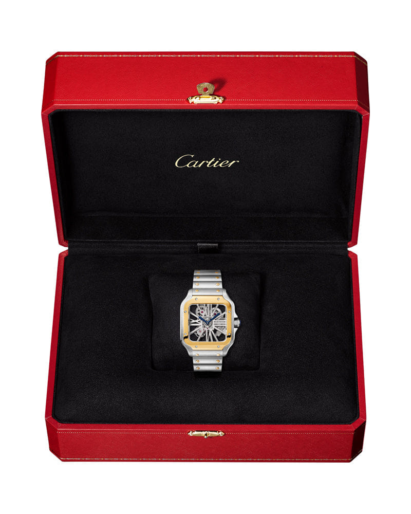 CARTIER SANTOS DE CARTIER, SKELETON, LARGE, MANUAL, YELLOW GOLD AND STEEL, LEATHER, INTERCHANGEABLE METAL AND LEATHER BRACELETS