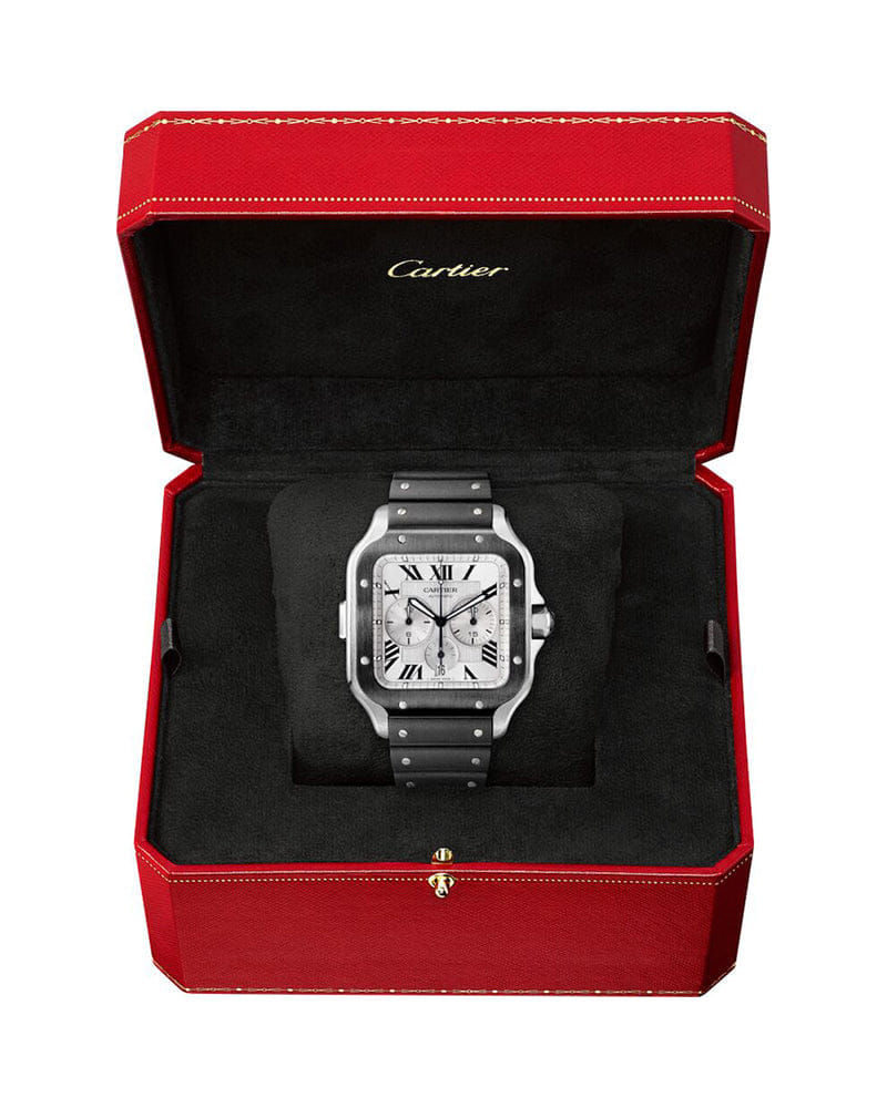 CARTIER SANTOS DE CARTIER, XL, CHRONOGRAPH, STEEL AND ADLC, INTERCHANGEABLE RUBBER AND LEATHER BRACELETS
