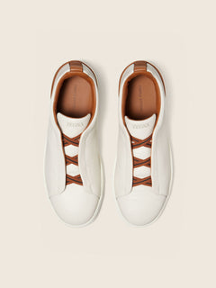 Zegna Off White Deerskin Triple Stitch Sneakers